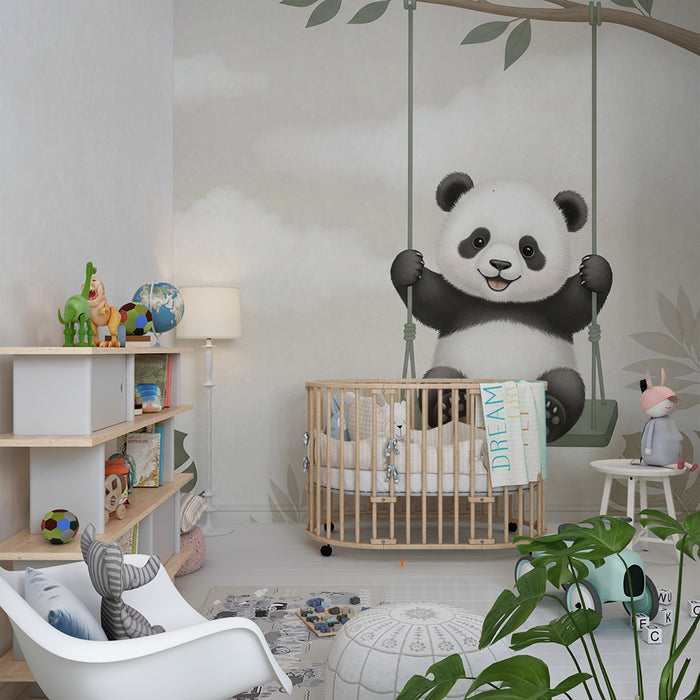 Papier peint chambre bébé | Panda joyeux sur une balançoire