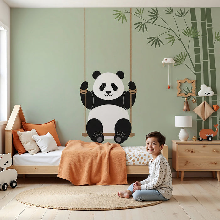 Tapety do detskej izby | Veselá panda na hojdačke obklopená bambusom