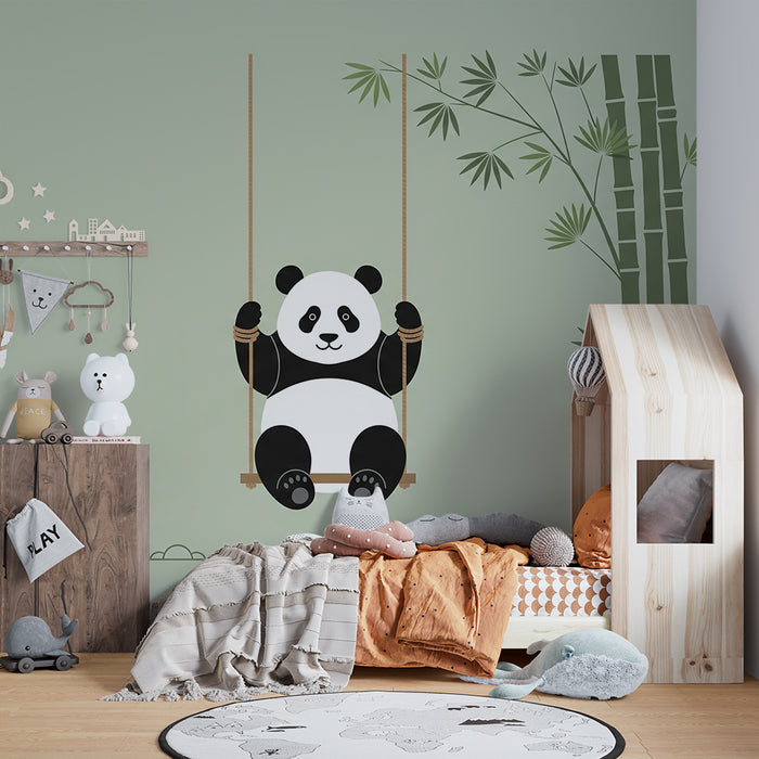 Tapety do detskej izby | Veselá panda na hojdačke obklopená bambusom