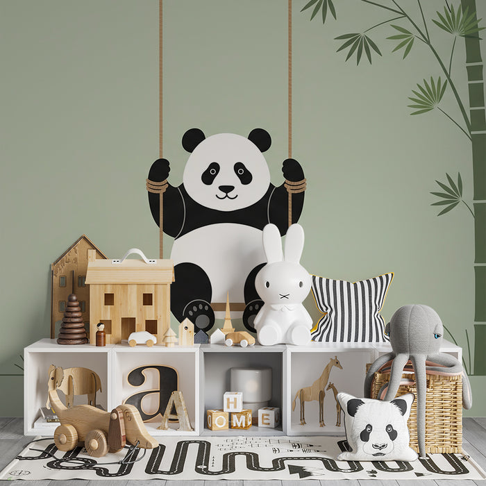 Tapety do detskej izby | Veselá panda na hojdačke obklopená bambusom