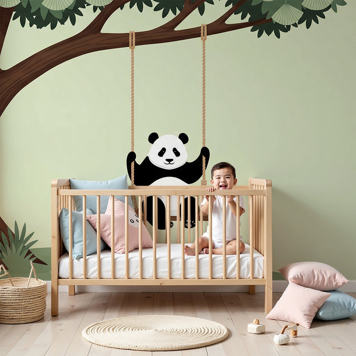 Vægmaleri til børneværelse | Glad panda på gynge under et træ