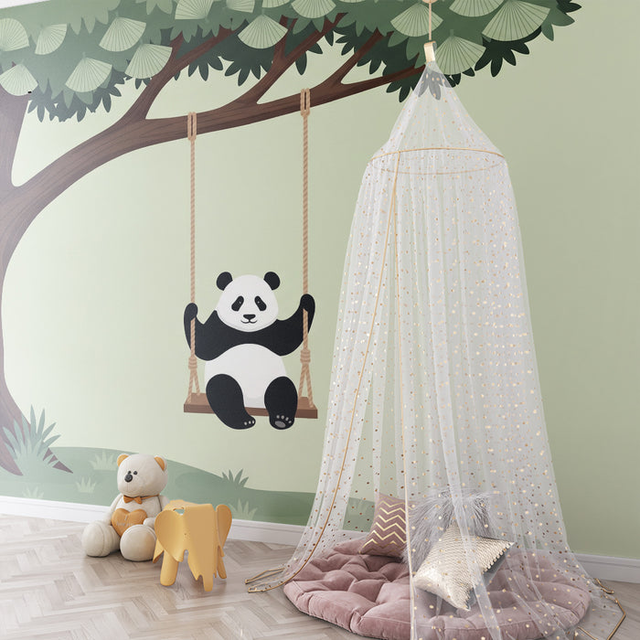 Vægmaleri til børneværelse | Glad panda på gynge under et træ