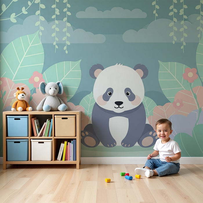 Babyzimmer Tapete | Niedlicher Panda inmitten bunter Blätter