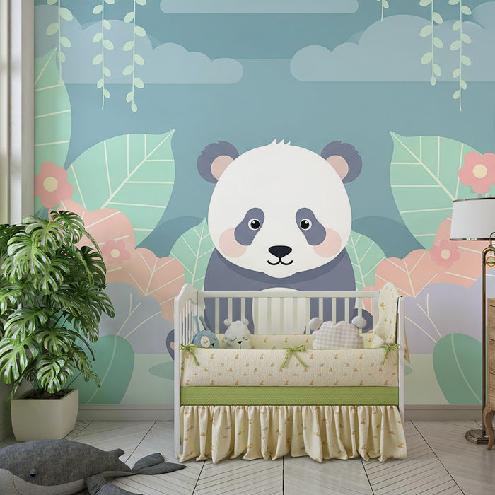 Babyzimmer Tapete | Niedlicher Panda inmitten bunter Blätter