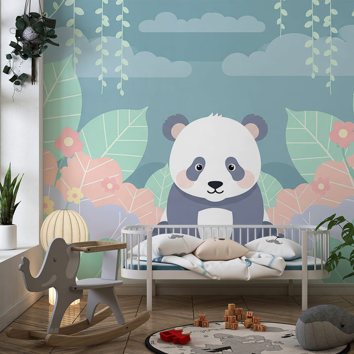 Babyzimmer Tapete | Niedlicher Panda inmitten bunter Blätter