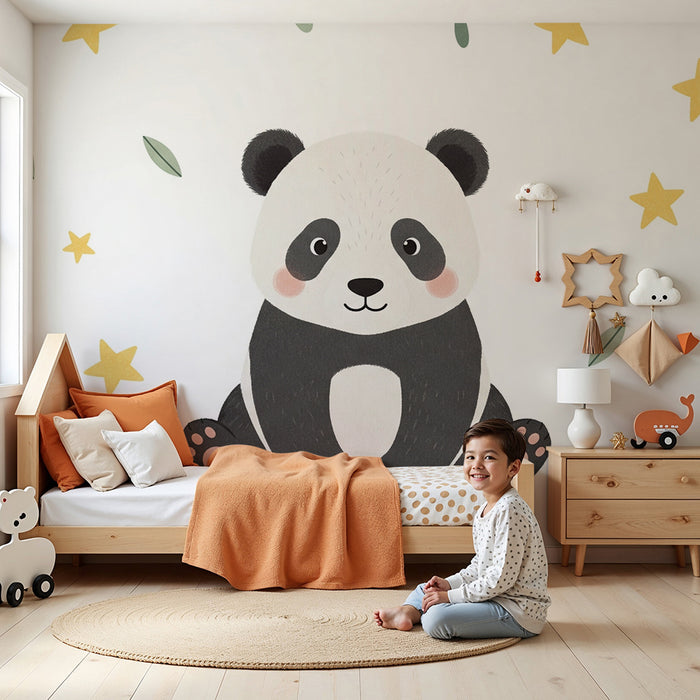 Papier peint chambre bébé | Panda mignon au milieu des feuilles