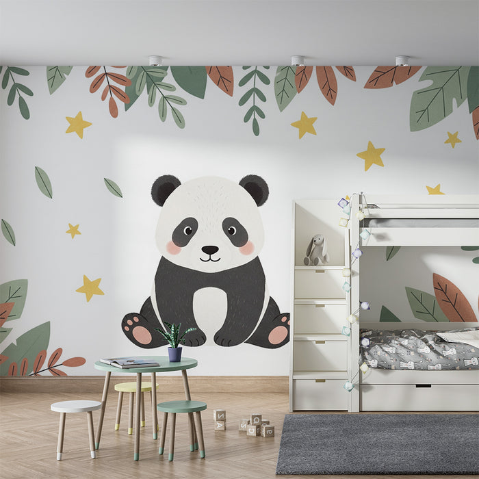 Papier peint chambre bébé | Panda mignon au milieu des feuilles