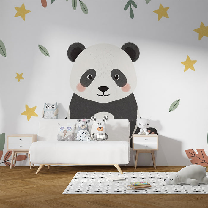 Papier peint chambre bébé | Panda mignon au milieu des feuilles