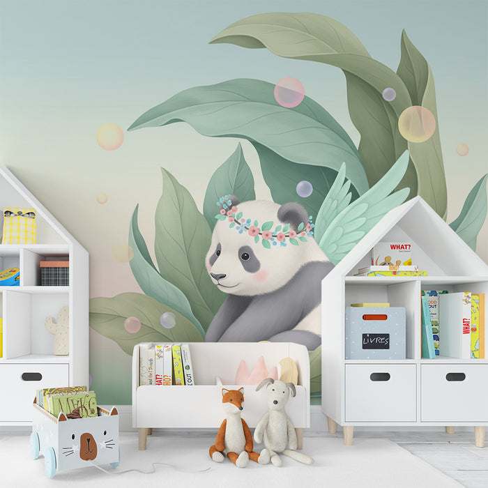 Babyzimmer Tapete | Niedlicher Panda mit Flügeln und bunten Blasen in sanftem Laub