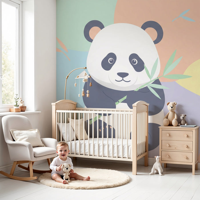 Babykamer behang | Schattige panda met bamboe op een pastel achtergrond