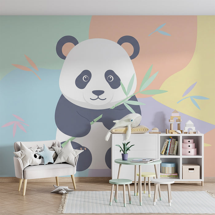 Babykamer behang | Schattige panda met bamboe op een pastel achtergrond