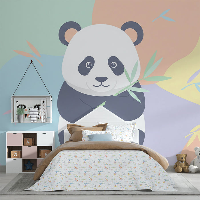 Babykamer behang | Schattige panda met bamboe op een pastel achtergrond