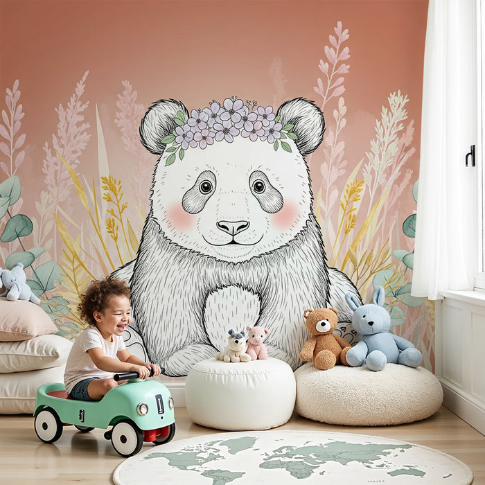 Babyzimmer Tapete | Niedlicher Panda mit Blumen und Blättern