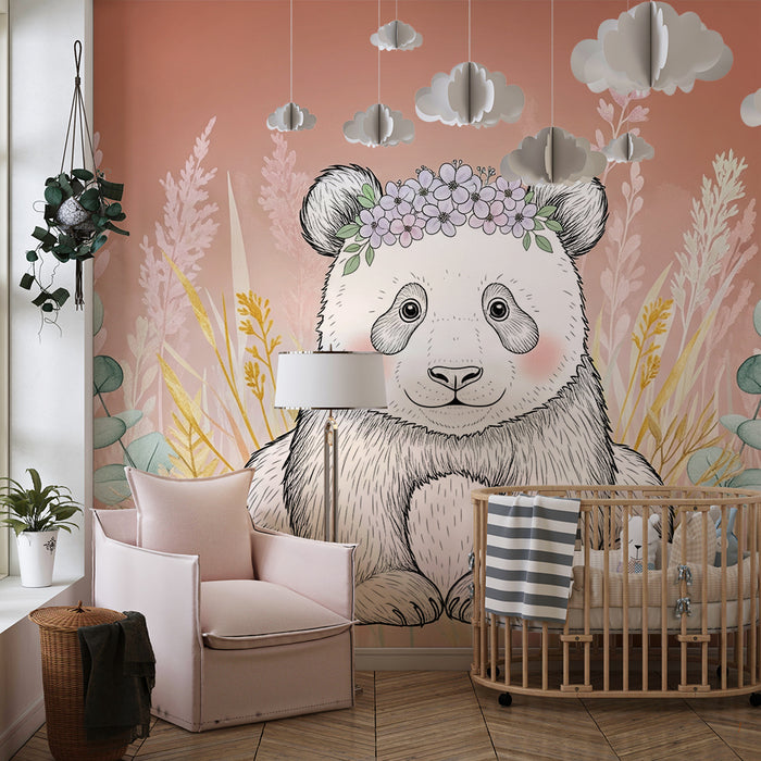 Babyzimmer Tapete | Niedlicher Panda mit Blumen und Blättern