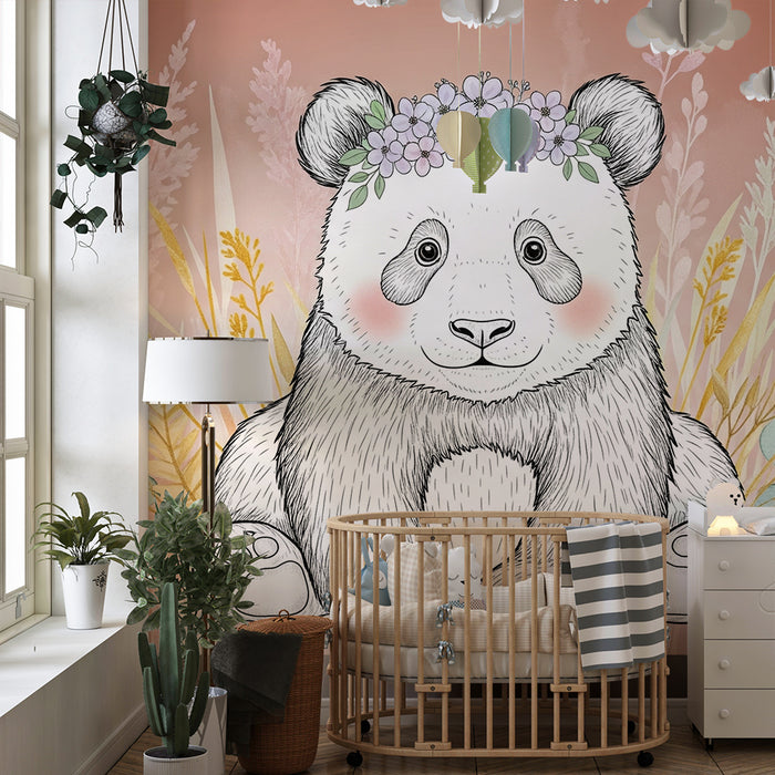 Babyzimmer Tapete | Niedlicher Panda mit Blumen und Blättern