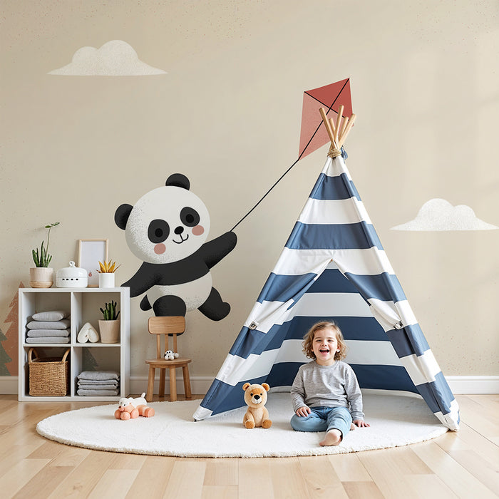 Babyzimmer Tapete | Niedlicher Panda mit einem Drachen in einem sanften Himmel