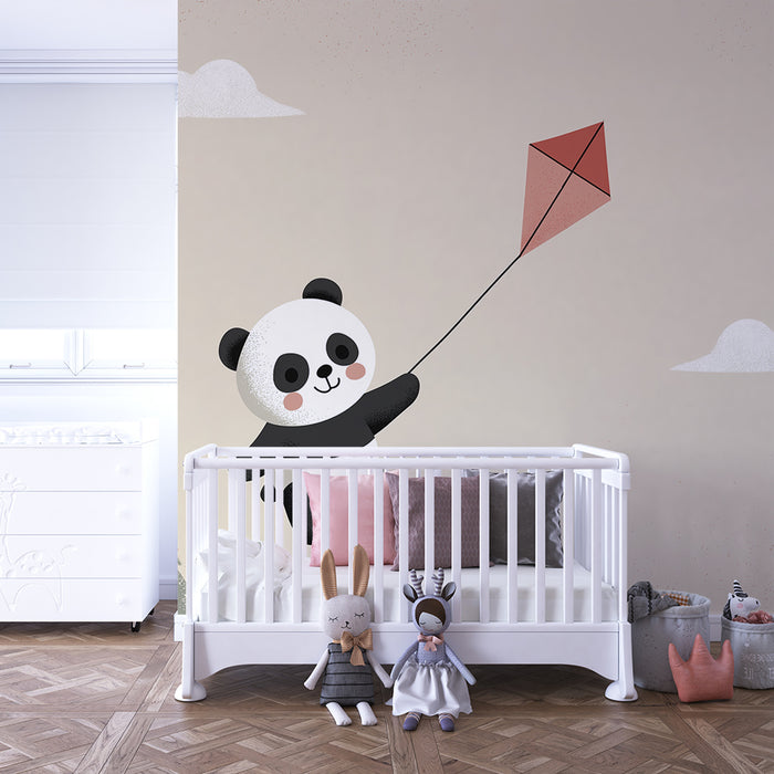 Babyzimmer Tapete | Niedlicher Panda mit einem Drachen in einem sanften Himmel