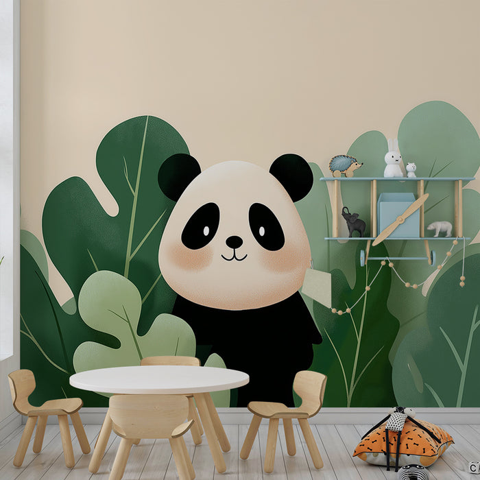 Tapeta do pokoju dziecięcego | Urocza panda ukryta wśród tropikalnych liści