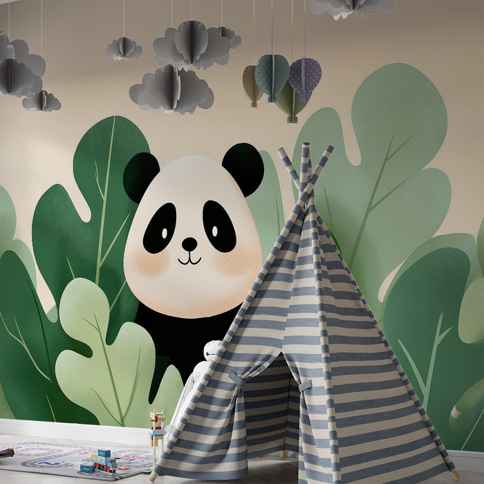 Tapeta do pokoju dziecięcego | Urocza panda ukryta wśród tropikalnych liści