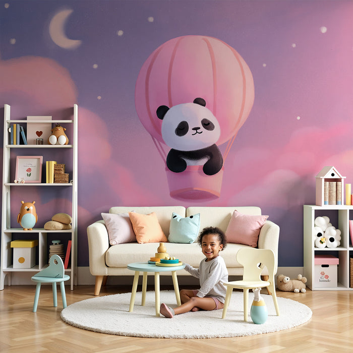 Papier de parede detskej izby | Roztomilý panda vo vzducholode nad ružovými oblakmi