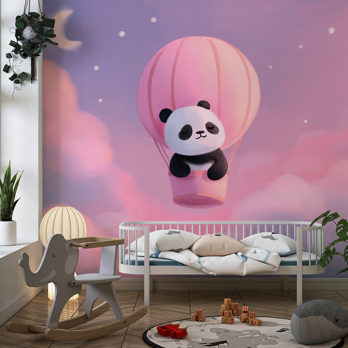 Papier de parede detskej izby | Roztomilý panda vo vzducholode nad ružovými oblakmi