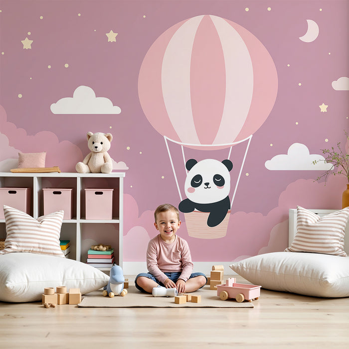 Papier peint chambre bébé | Panda mignon dans un ballon dirigeable au milieu des nuages roses