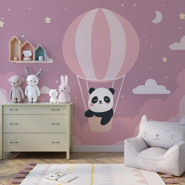 Papier peint chambre bébé | Panda mignon dans un ballon dirigeable au milieu des nuages roses