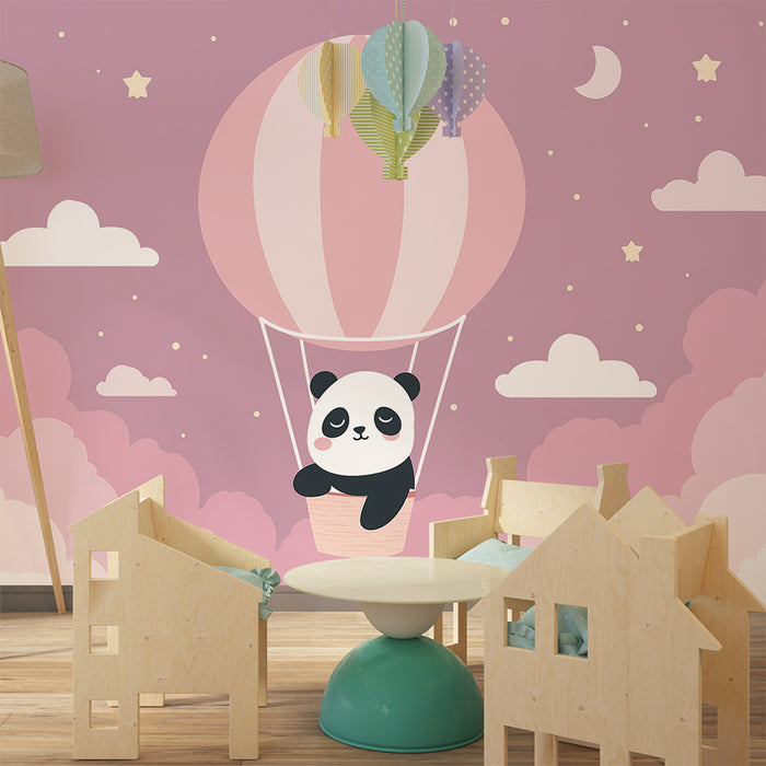 Papier peint chambre bébé | Panda mignon dans un ballon dirigeable au milieu des nuages roses