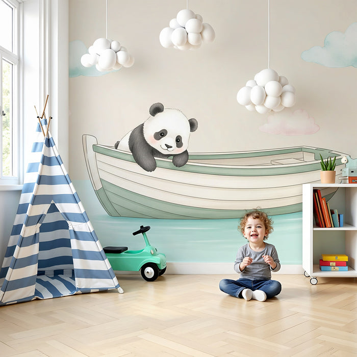 Papier peint chambre bébé | Panda mignon dans un bateau