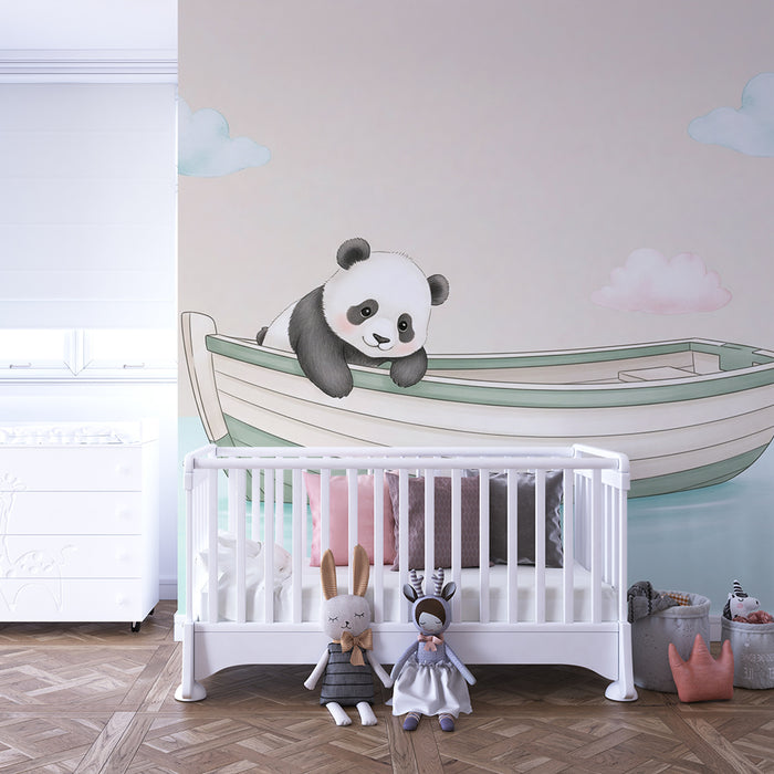 Papier peint chambre bébé | Panda mignon dans un bateau