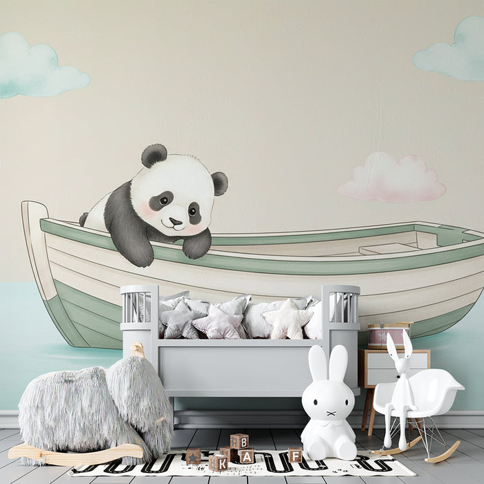 Papier peint chambre bébé | Panda mignon dans un bateau
