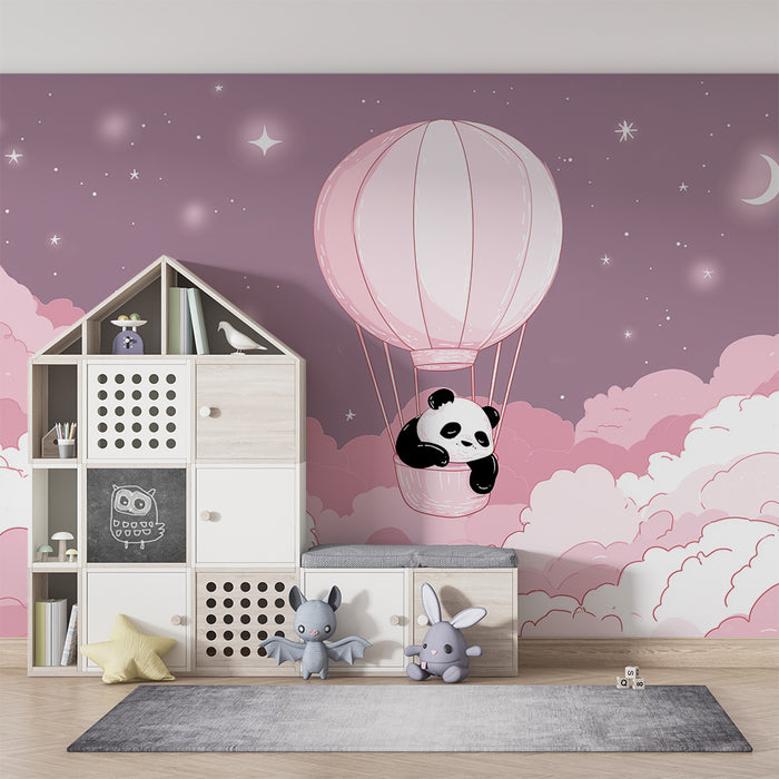 Papel de parede quarto bebê | Panda fofo em um balão de ar quente acima das nuvens cor-de-rosa