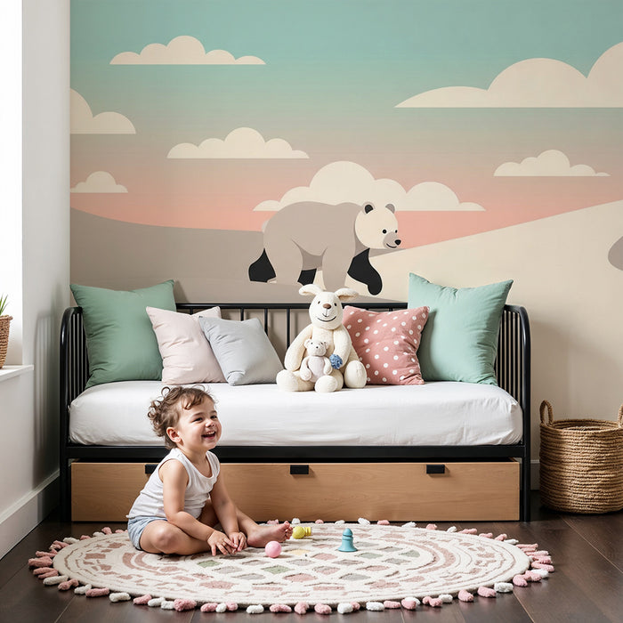 Babyzimmer Tapete | Niedlicher Panda in einer Pastelllandschaft