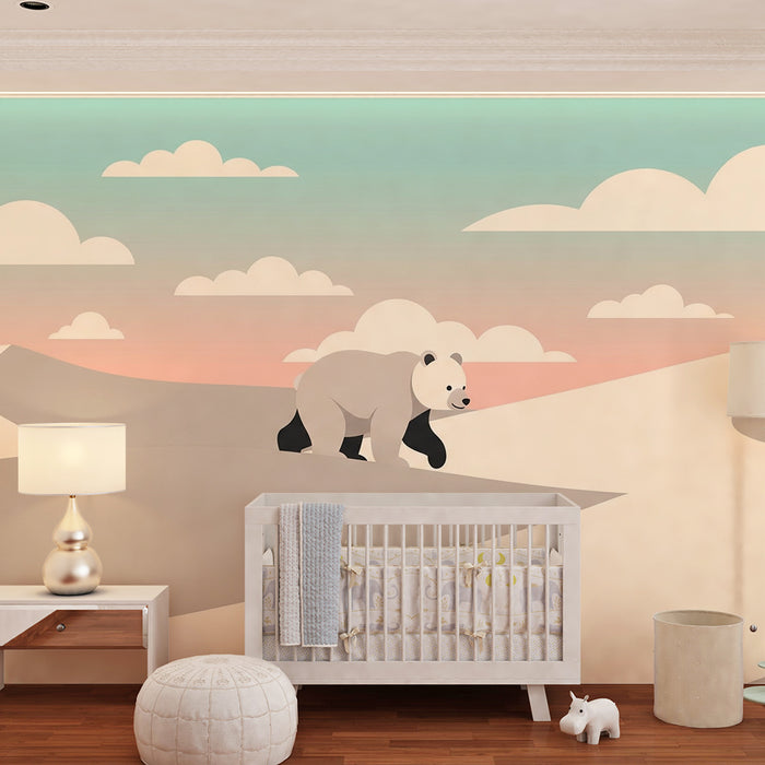 Babyzimmer Tapete | Niedlicher Panda in einer Pastelllandschaft