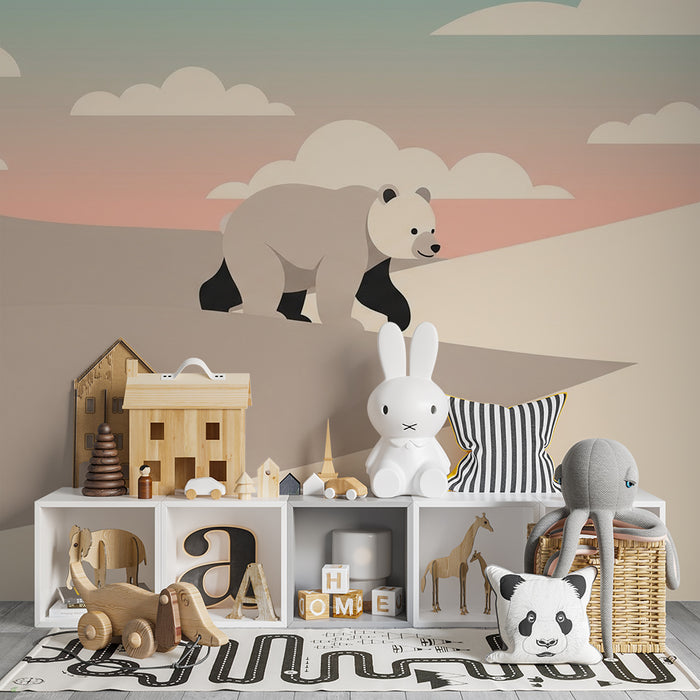 Babyzimmer Tapete | Niedlicher Panda in einer Pastelllandschaft
