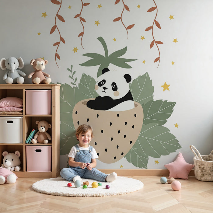 Papier peint chambre bébé | Panda mignon dans une fraise