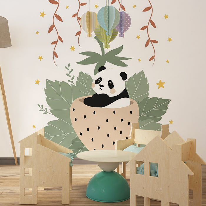 Papier peint chambre bébé | Panda mignon dans une fraise