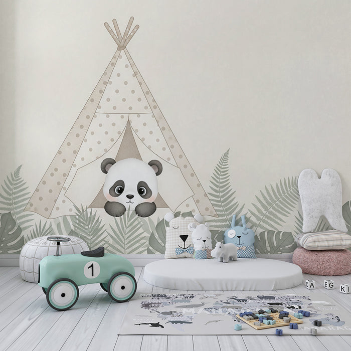 Papier peint chambre bébé | Panda mignon dans une tente