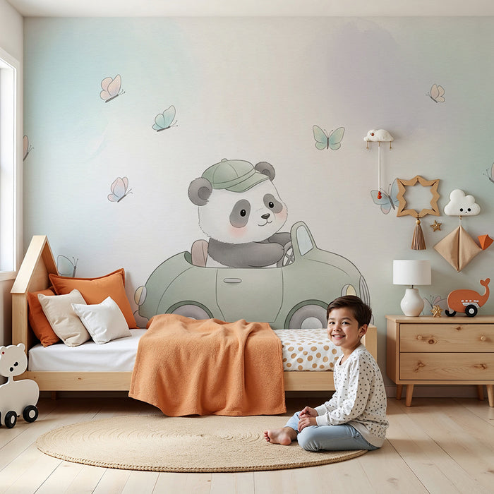 Lastenhuoneen tapetti | Söpö panda autossa perhosten kanssa