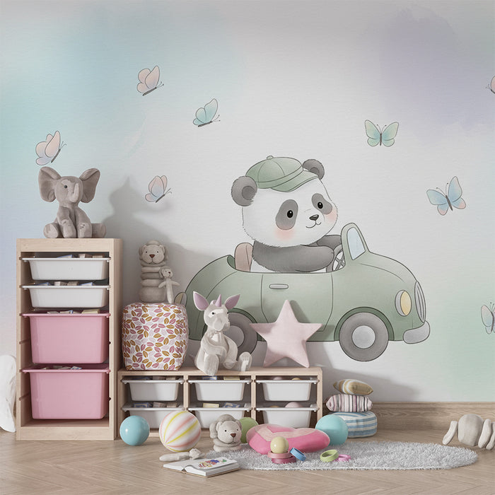 Lastenhuoneen tapetti | Söpö panda autossa perhosten kanssa