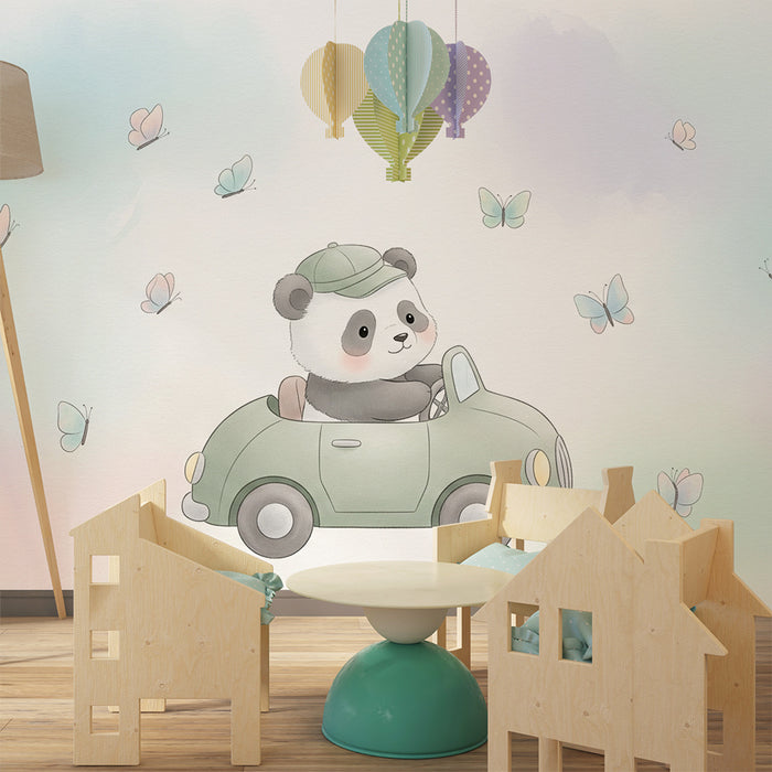 Lastenhuoneen tapetti | Söpö panda autossa perhosten kanssa