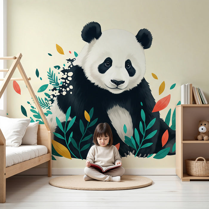 Prenosni vzorec za otroško sobo | Ljubek panda v barvitem listju