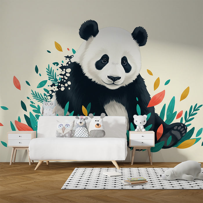Prenosni vzorec za otroško sobo | Ljubek panda v barvitem listju