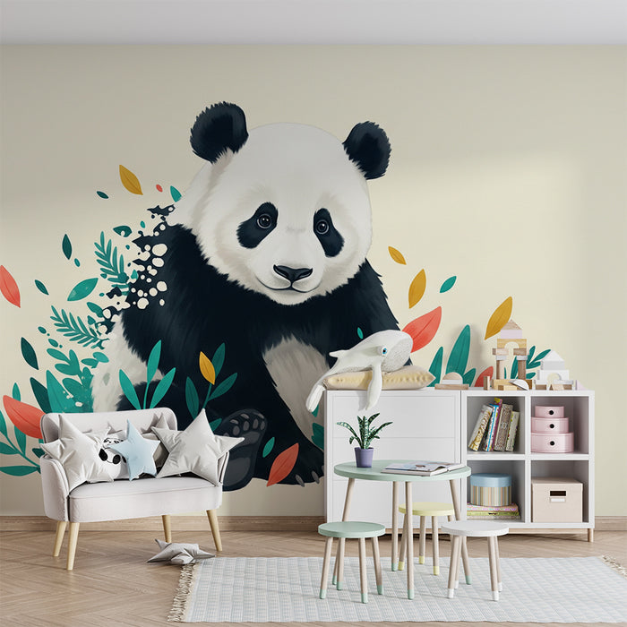 Prenosni vzorec za otroško sobo | Ljubek panda v barvitem listju