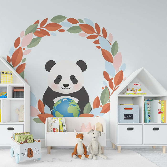 Børneværelse tapet | Sød panda omgivet af farverigt løv og jorden