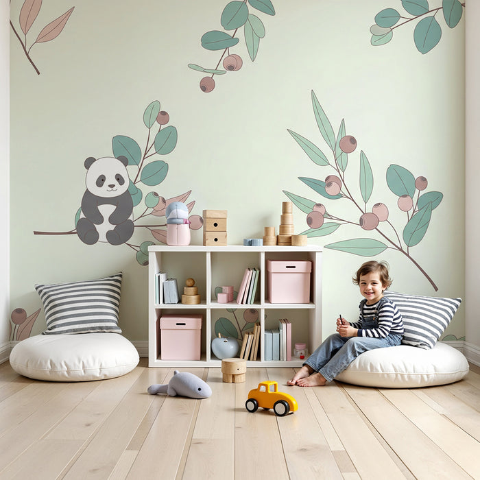 Babyzimmer Tapete | Niedlicher Panda umgeben von zarter Blattwerk