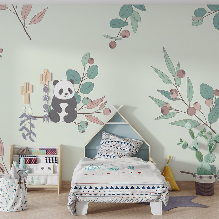 Babyzimmer Tapete | Niedlicher Panda umgeben von zarter Blattwerk