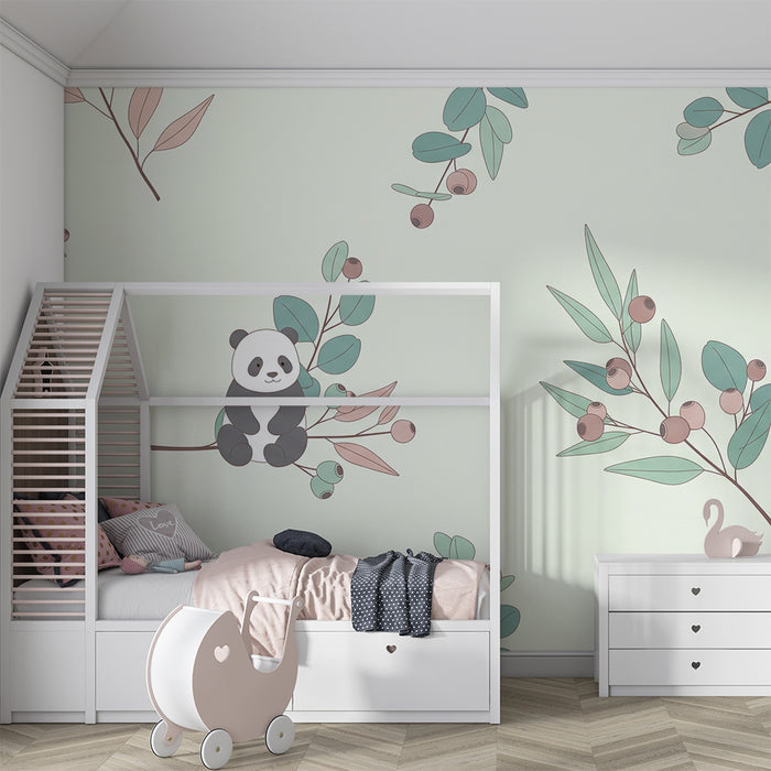 Babyzimmer Tapete | Niedlicher Panda umgeben von zarter Blattwerk