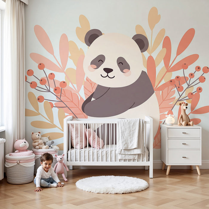 Tapet barnerom | Søt panda omgitt av pastellblader