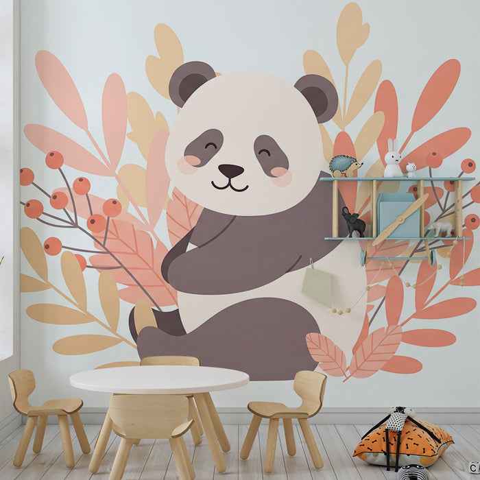 Tapet barnerom | Søt panda omgitt av pastellblader